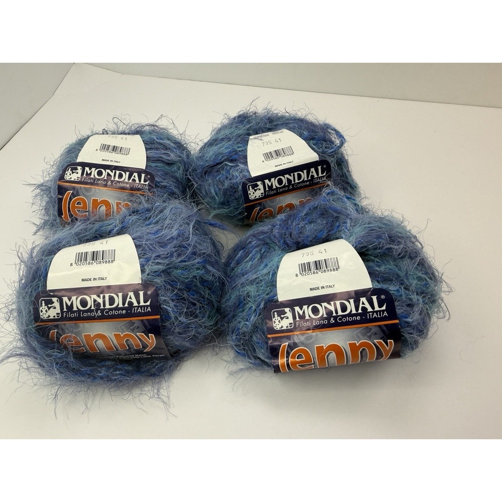 Mondial Jenny Yarn Fur Lot Of 4 Blue Nylon Wool + Blend 50g Each